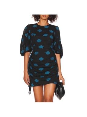 Rhode Pia Mini Dress in‎ Black Blue Fan Clip Jacquard Puff Sleeves Size 0